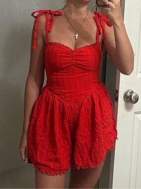 Show Me Your MuMu Red Tie-Shoulder Smocked Mini Romper Dress